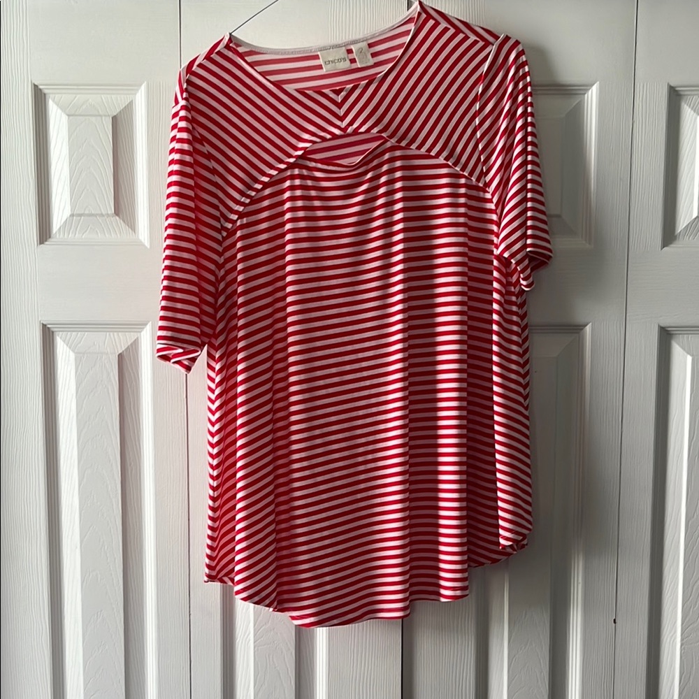 Chico's Red and White Striped Short Sleeve Tee